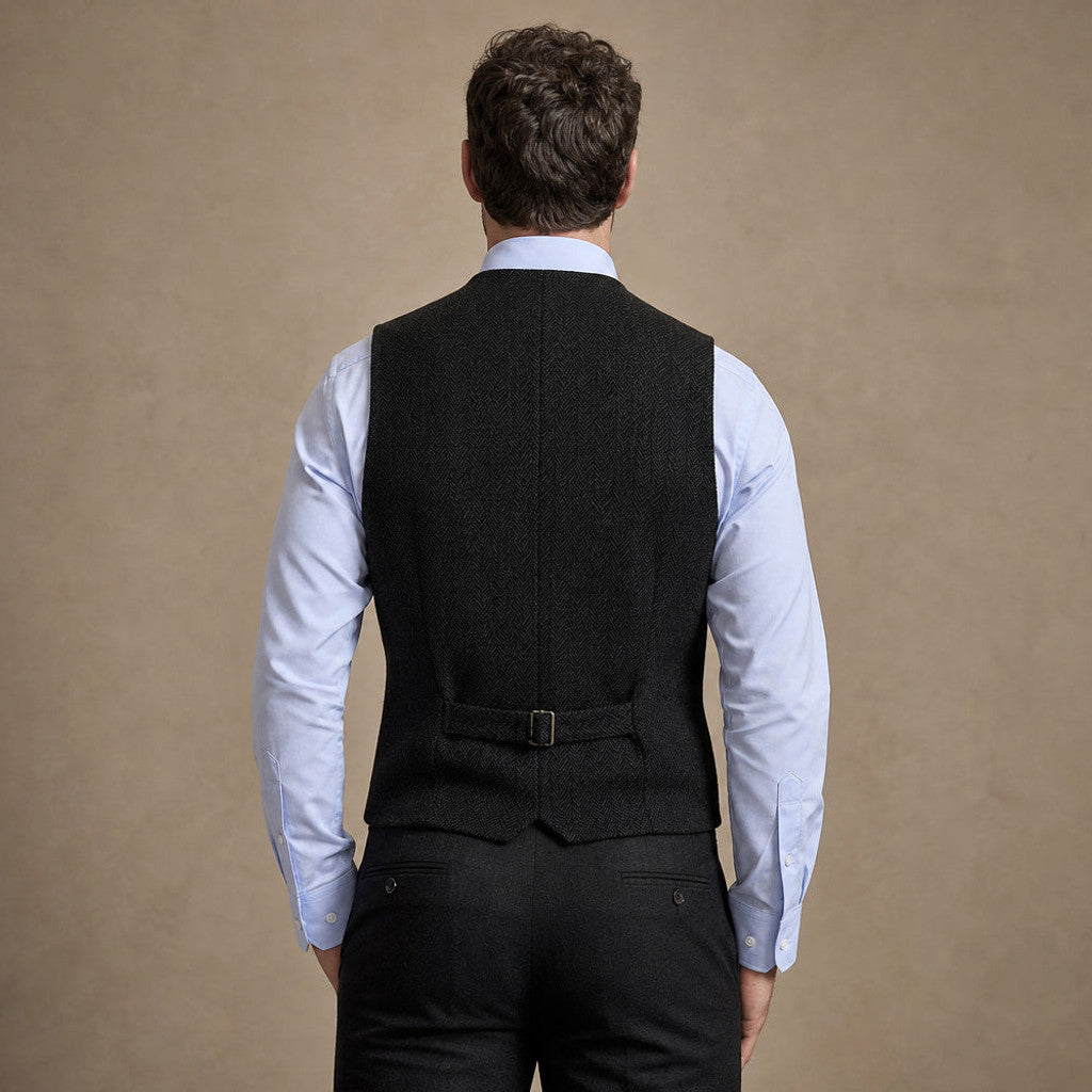 Bartox | Herringbone Waistcoat Five Button Black – Side Angle View