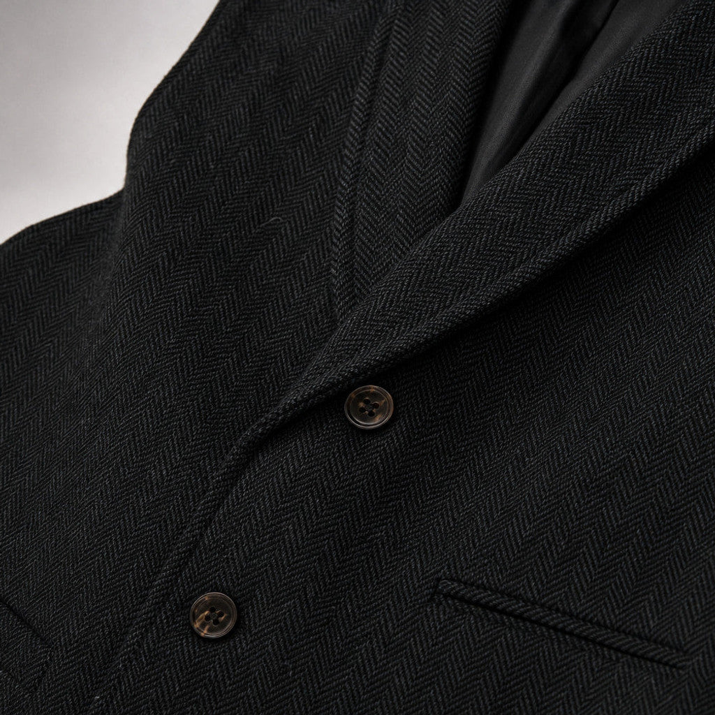 Bartox | Herringbone Waistcoat Five Button Black – Fabric and Detail Close-Up