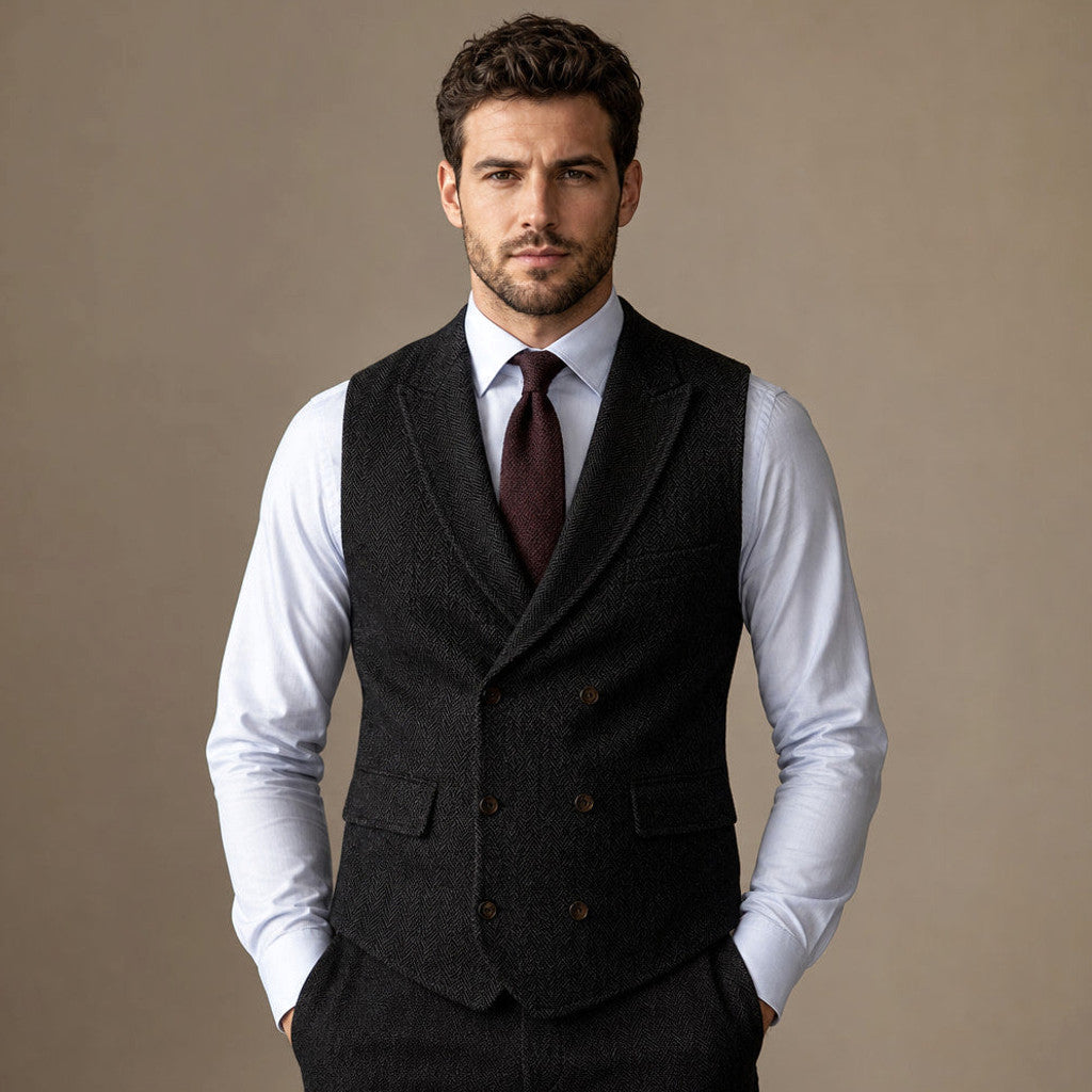 Bartox | Herringbone Waistcoat Five Button Black – Full Look
