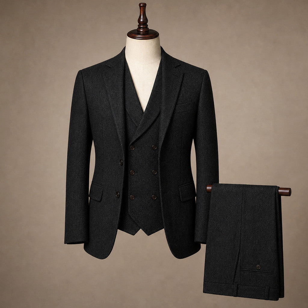 Bartox | Herringbone Waistcoat Five Button Black – Product Photo