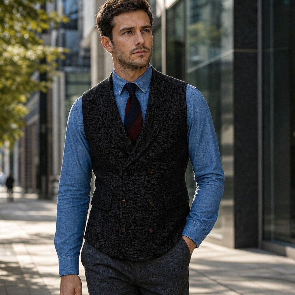 Bartox | Herringbone Waistcoat Five Button Black – Styled Editorial Shot