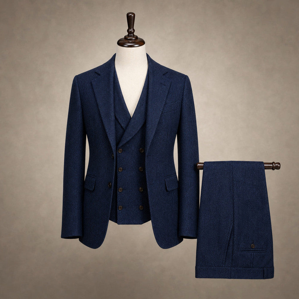 Bartox | Herringbone Waistcoat Five Button Navy – Product Photo