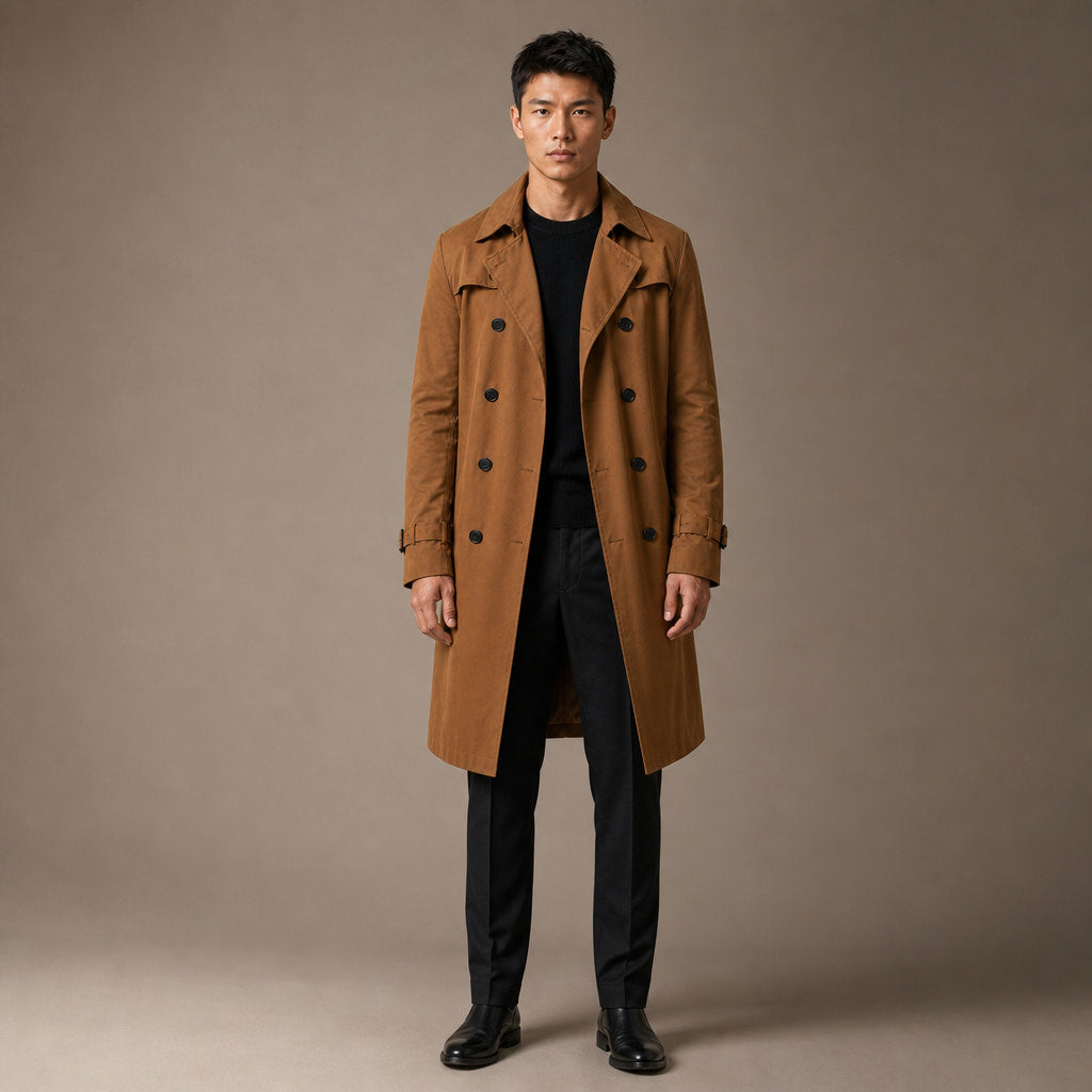 Double Breasted Trench Coat Knee-Length Polyester in Brown – Tomosino Premium Menswear