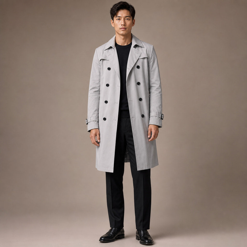 Double Breasted Trench Coat Knee-Length Polyester in Gray – Tomosino Premium Menswear