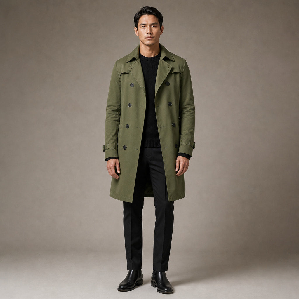 Double Breasted Trench Coat Knee-Length Polyester in Green – Tomosino Premium Menswear