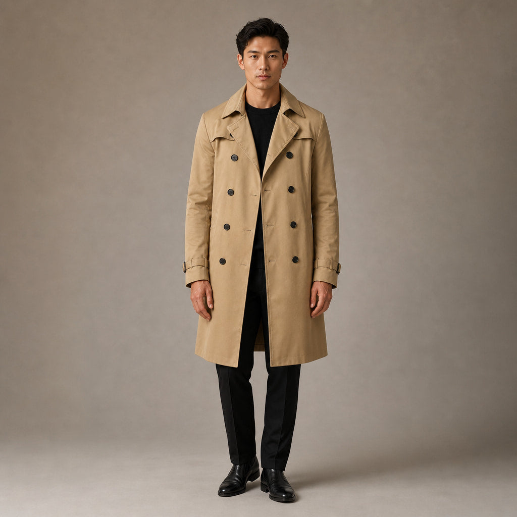 Double Breasted Trench Coat Knee-Length Polyester in Khaki – Tomosino Premium Menswear