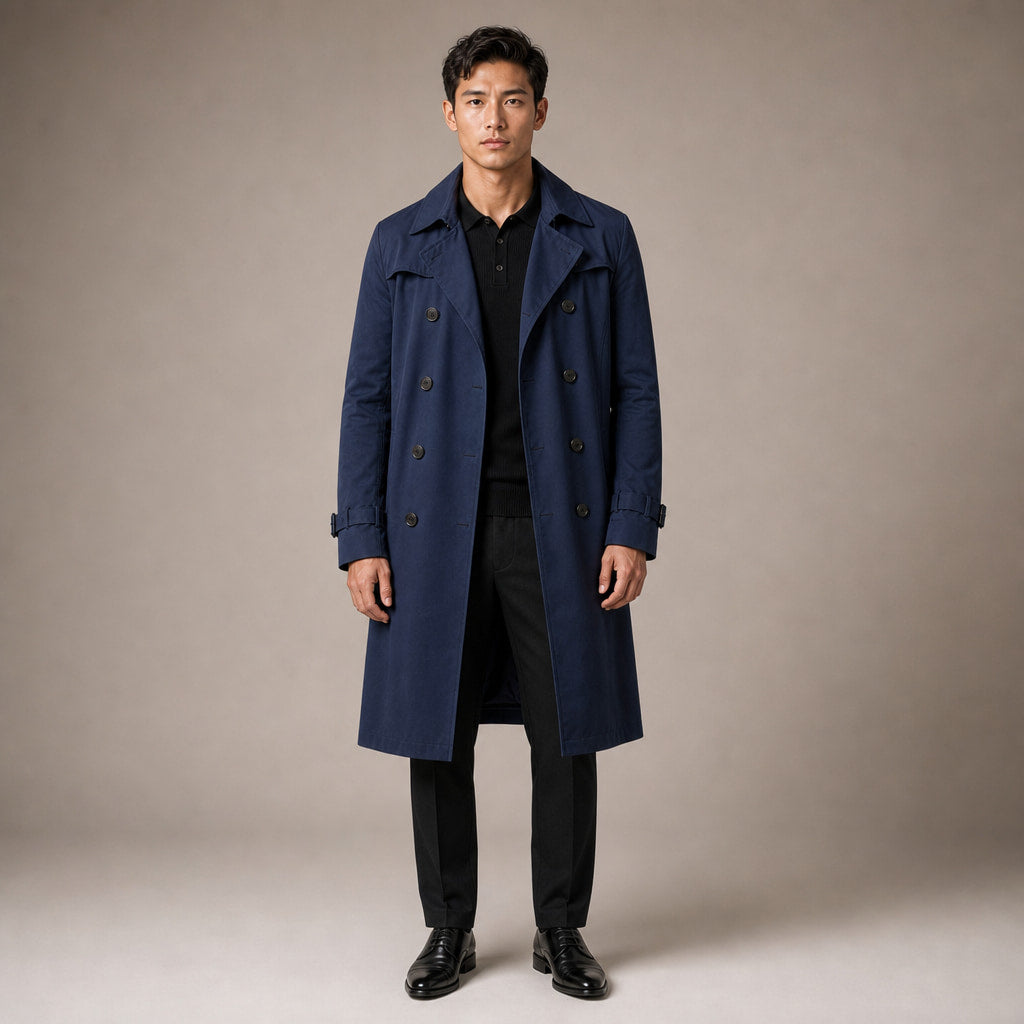 Double Breasted Trench Coat Knee-Length Polyester in Navy – Tomosino Premium Menswear