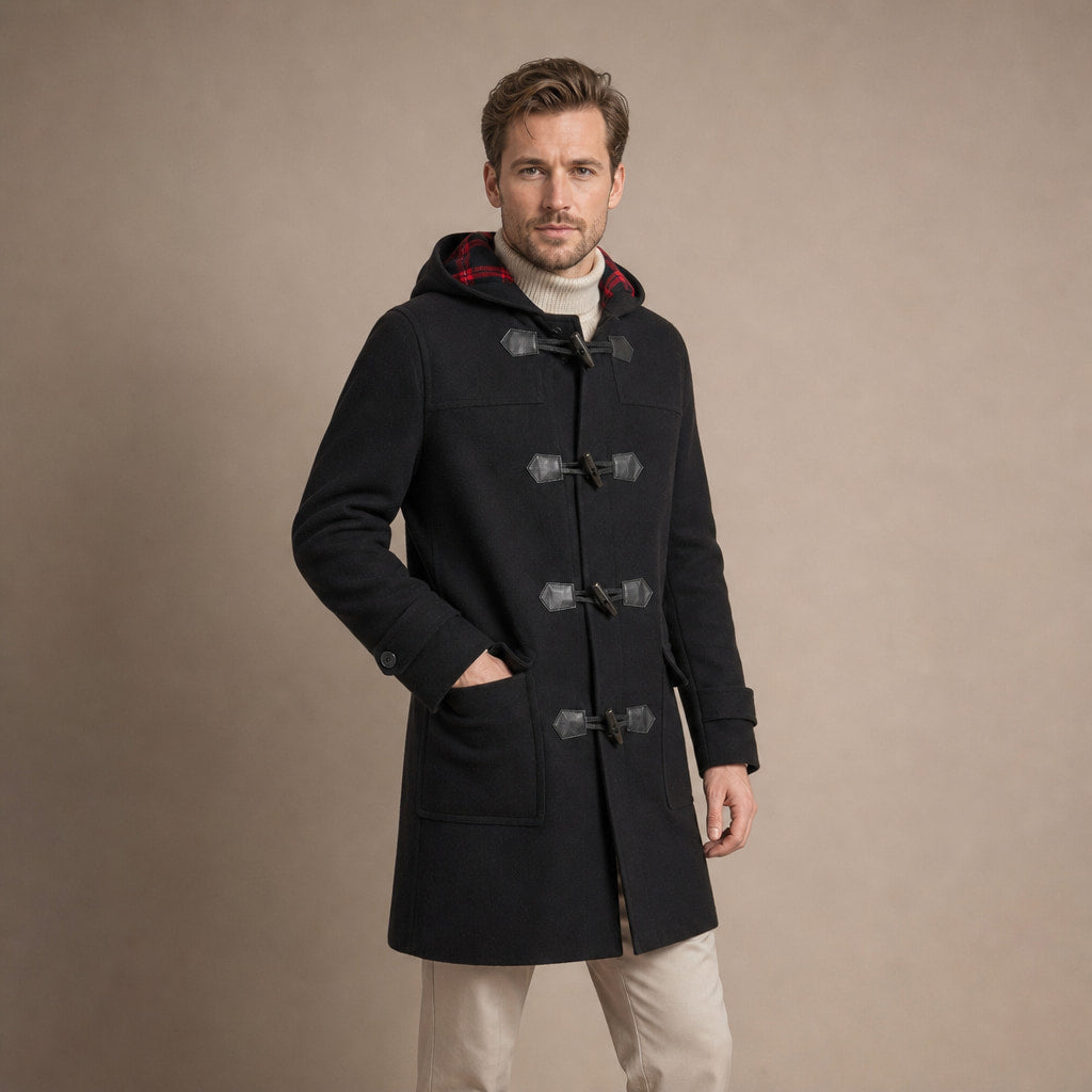 Wool Duffle Coat Toggle Front Black Black – Side Angle View