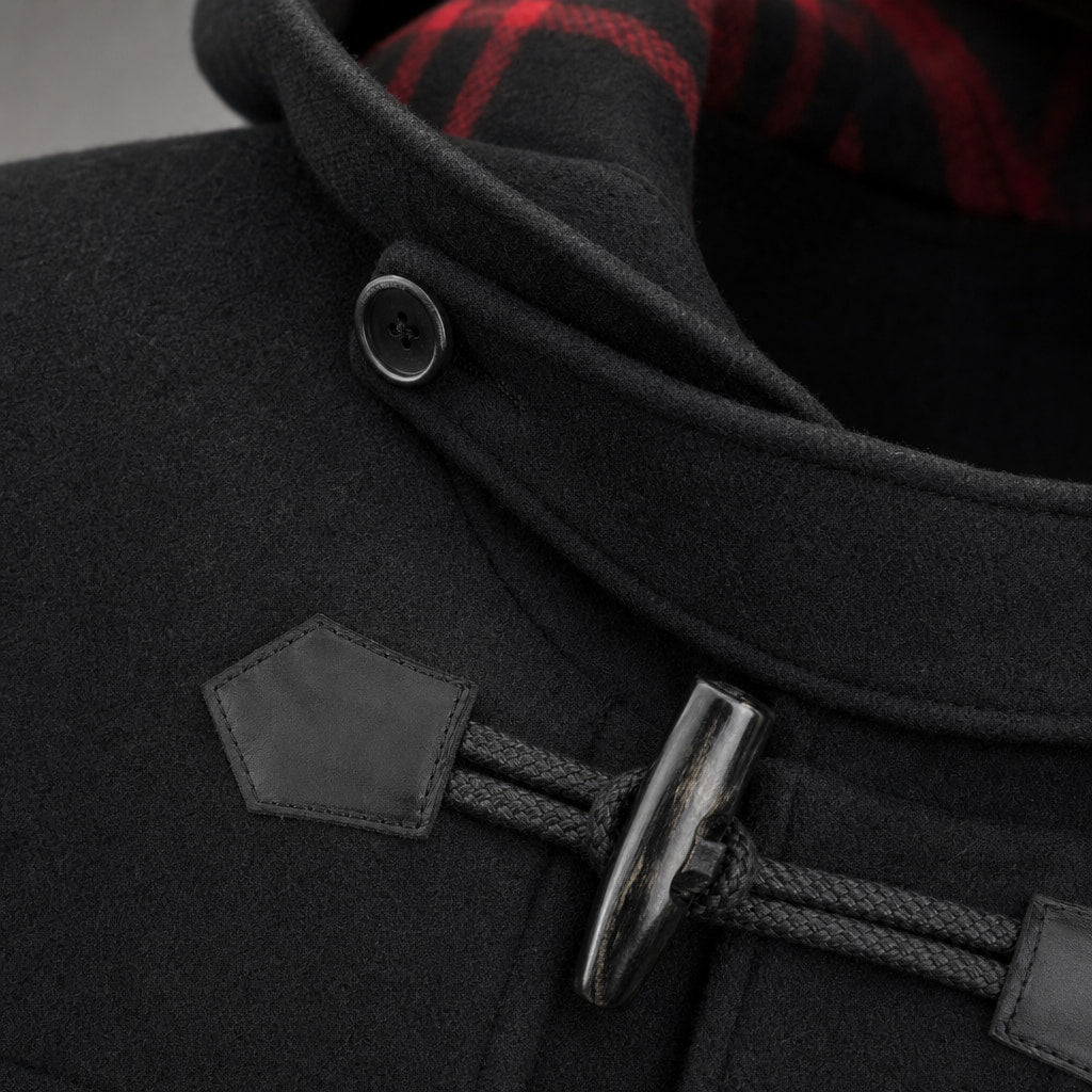 Wool Duffle Coat Toggle Front Black Black – Fabric and Detail Close-Up