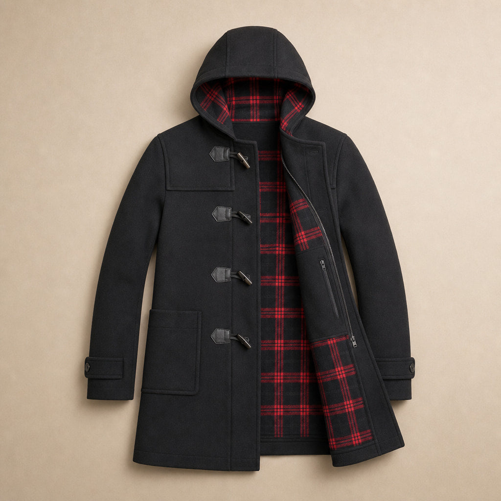 Wool Duffle Coat Toggle Front Black Black – Flat Lay Product Photo