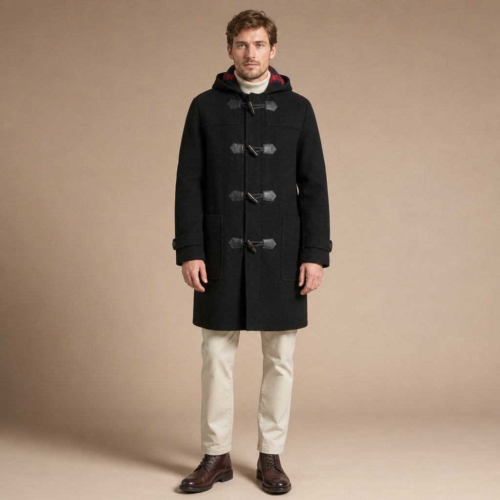 Wool Duffle Coat Toggle Front Black in Black – Tomosino Premium Menswear