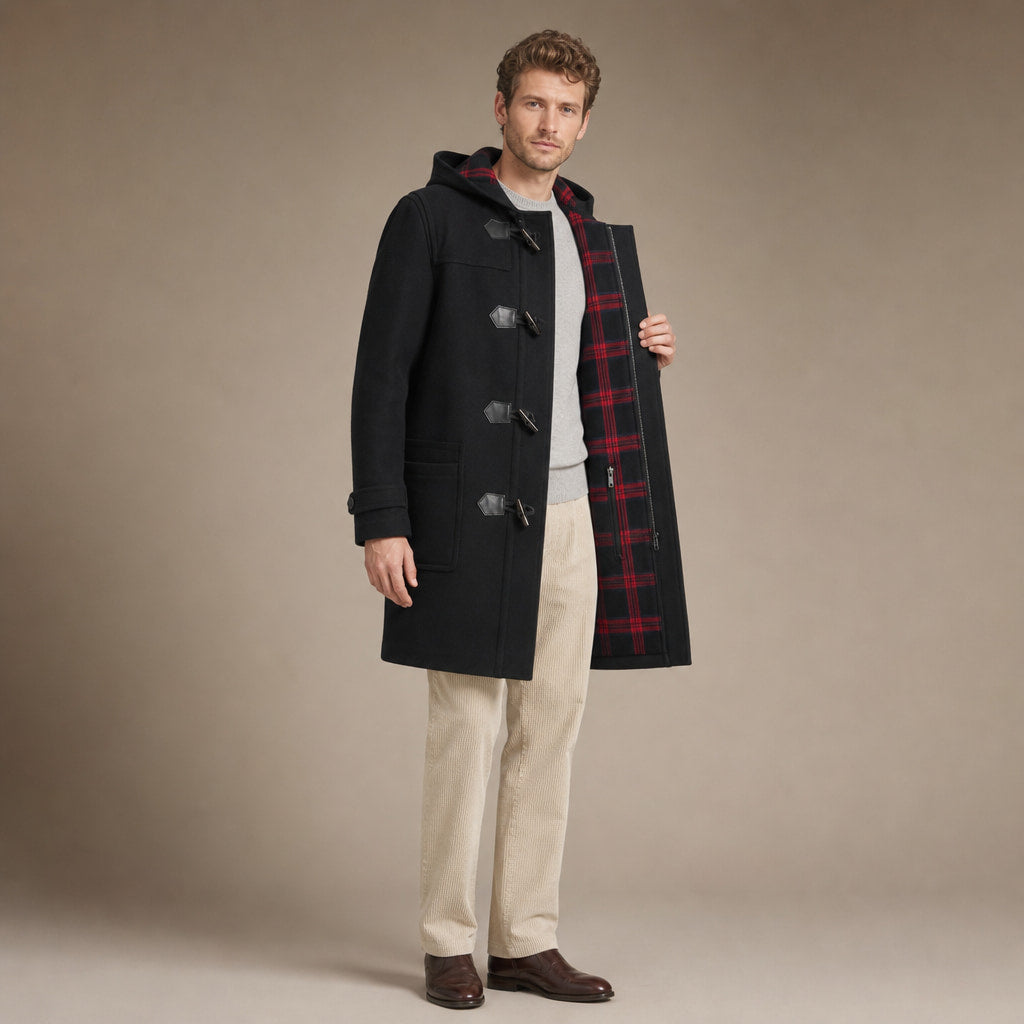 Wool Duffle Coat Toggle Front Black Black – Interior Lining Detail