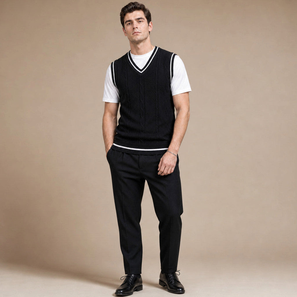 Bassett | Sweater Vest V-Neck Patchwork Knit Black – Side Angle View