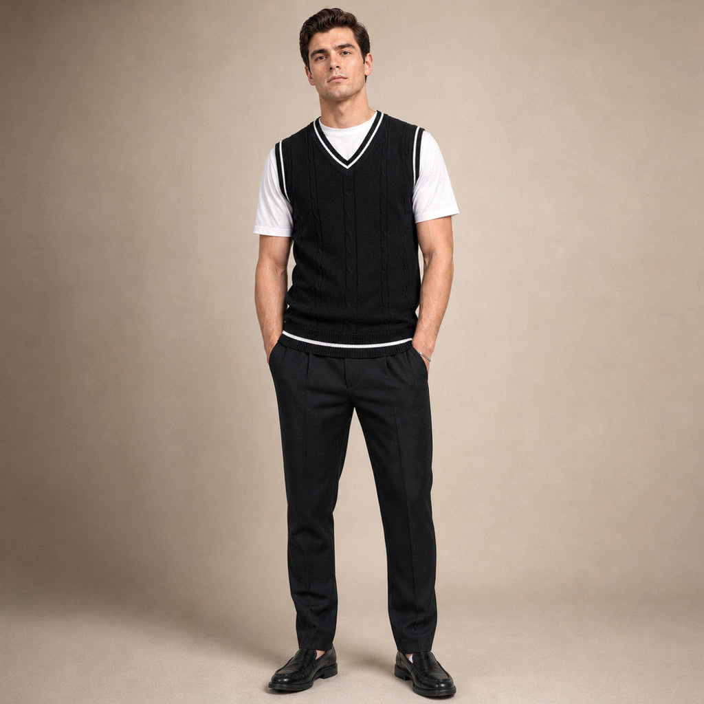 Bassett | Sweater Vest V-Neck Patchwork Knit Black – Full Look