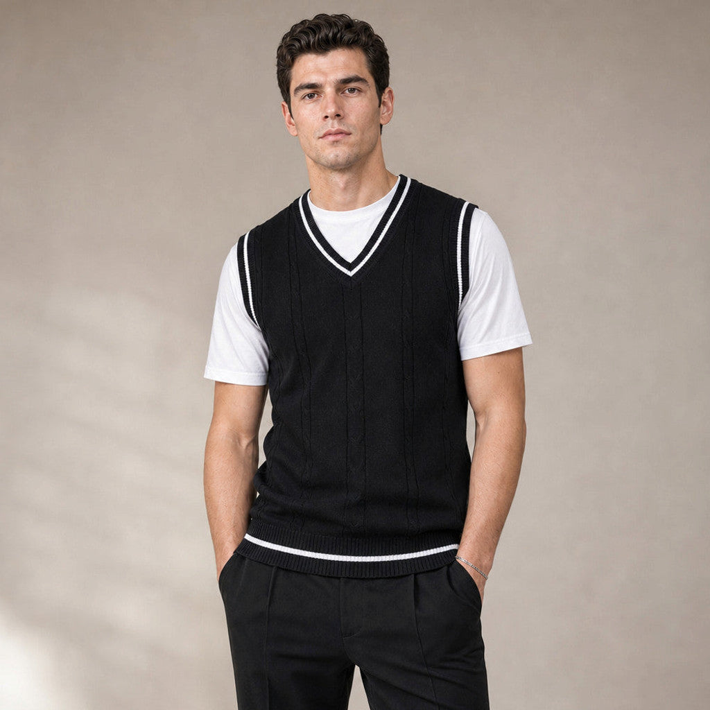 Bassett | Sweater Vest V-Neck Patchwork Knit in Black – Premium Editorial