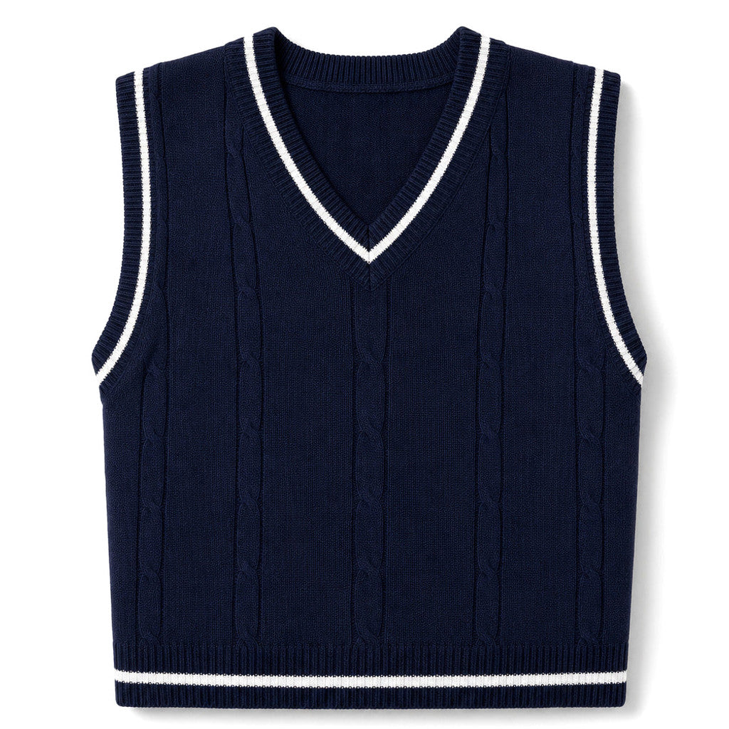 Bassett | Sweater Vest V-Neck Patchwork Knit Navy – Product Photo
