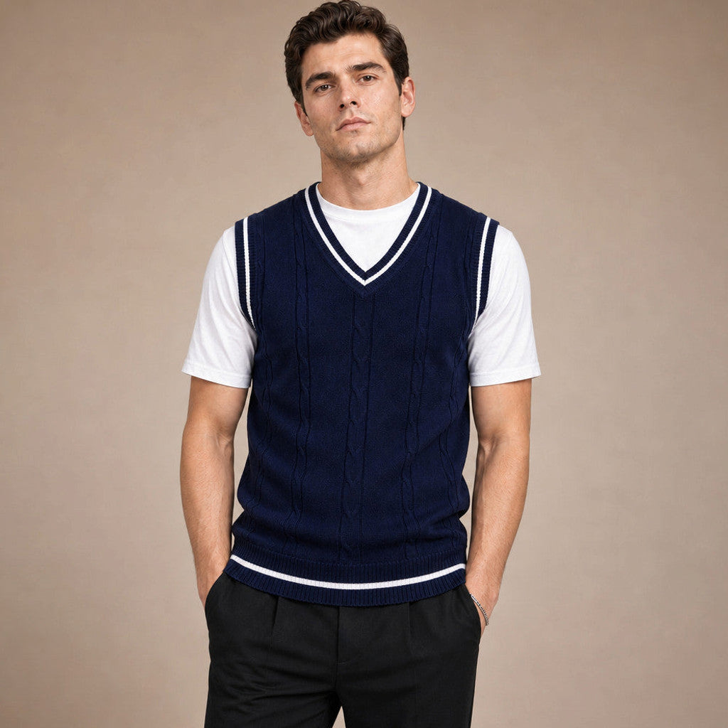 Bassett | Sweater Vest V-Neck Patchwork Knit in Navy – Premium Editorial
