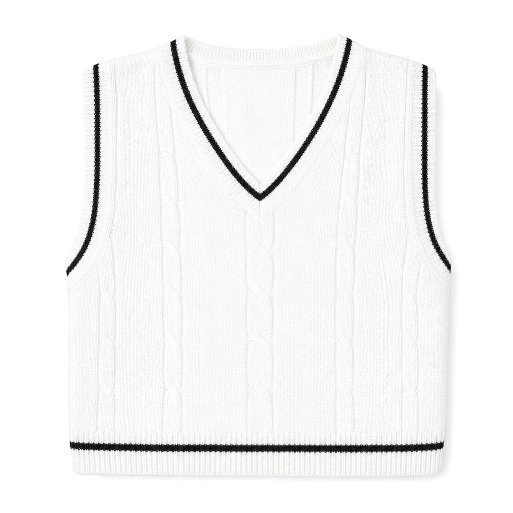 Bassett | Sweater Vest V-Neck Patchwork Knit White – Product Photo