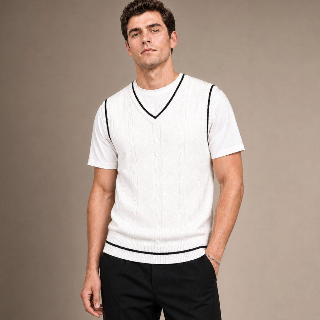 Bassett | Sweater Vest V-Neck Patchwork Knit in White – Premium Editorial