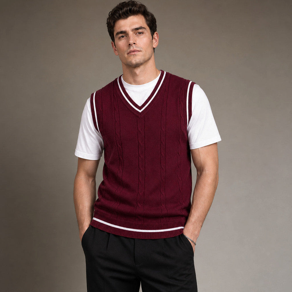 Bassett | Sweater Vest V-Neck Patchwork Knit in Wine – Premium Editorial