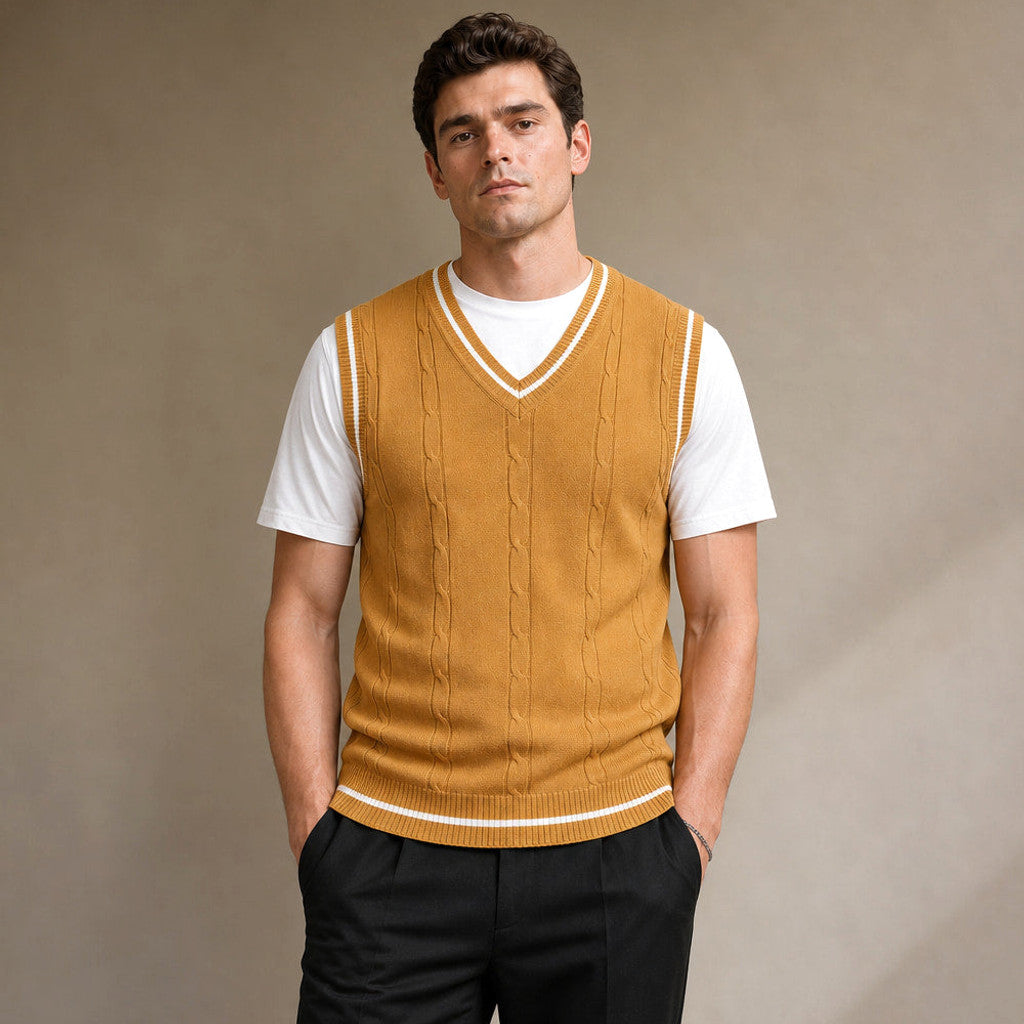 Bassett | Sweater Vest V-Neck Patchwork Knit in Yellow – Premium Editorial