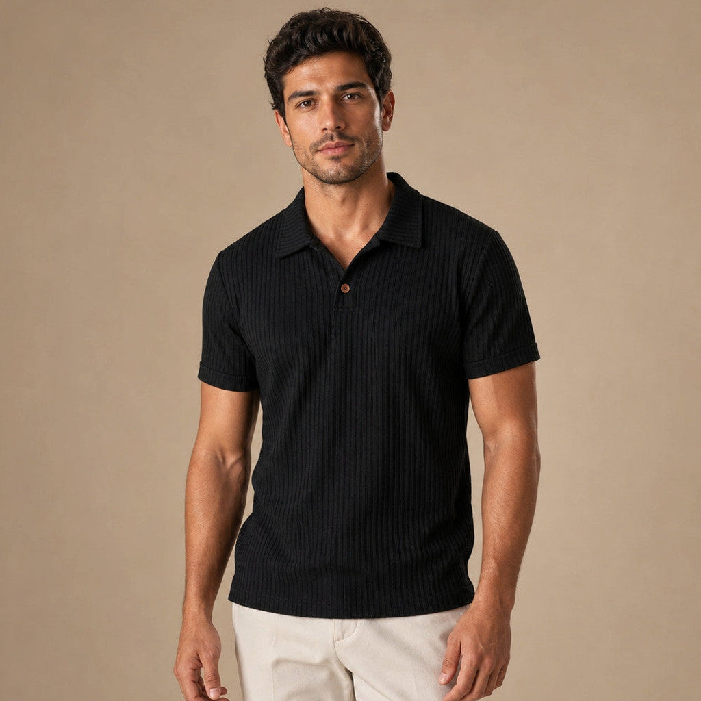 Baxon | Polo Shirt Textured Knit Regular Fit in Black – Premium Editorial
