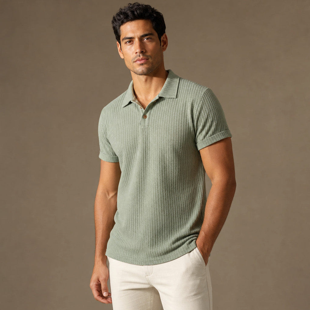 Baxon | Polo Shirt Textured Knit Regular Fit Green – Side Angle View