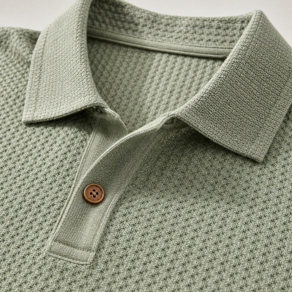 Baxon | Polo Shirt Textured Knit Regular Fit Green – Fabric and Detail Close-Up