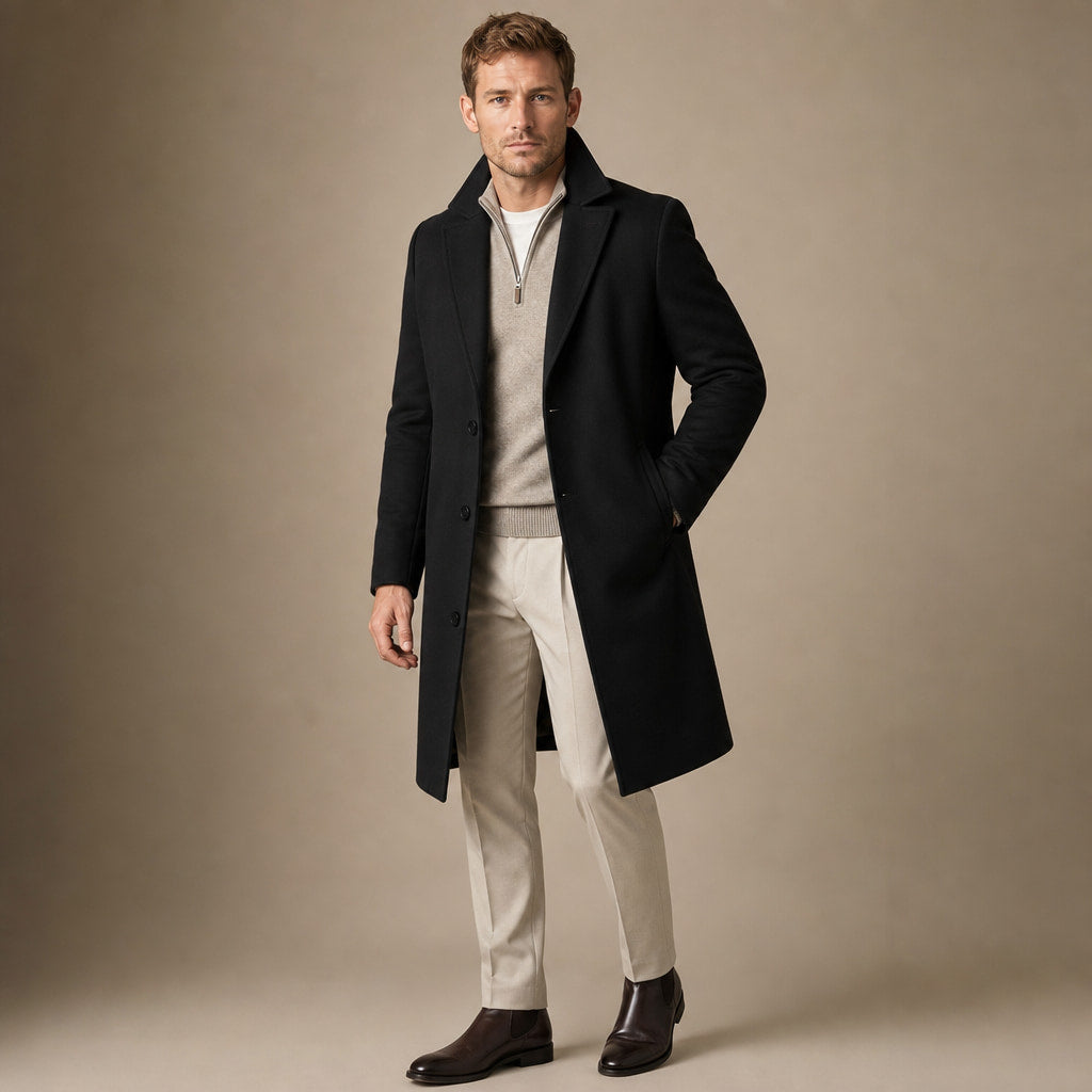 Suit Overcoat Wool-Blend Single-Breasted Black – Side Angle View