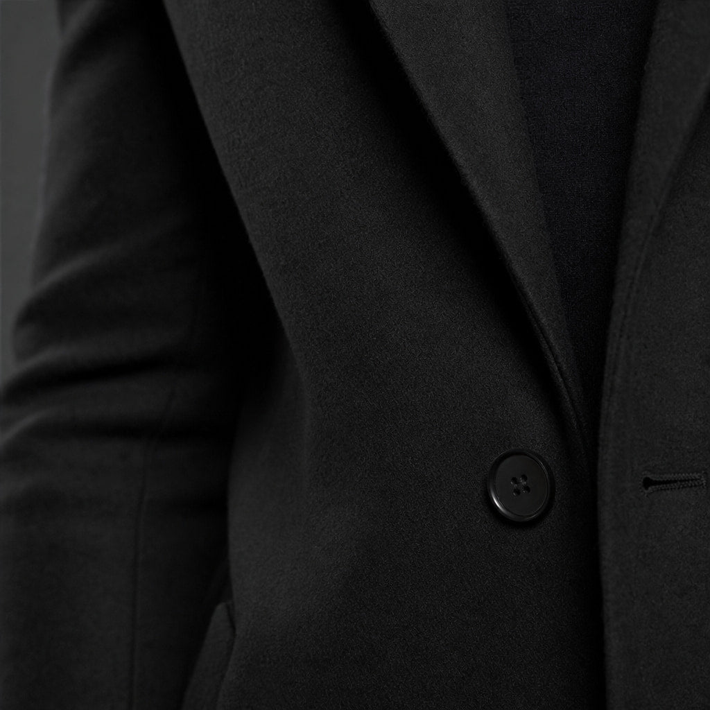 Suit Overcoat Wool-Blend Single-Breasted Black – Fabric and Detail Close-Up