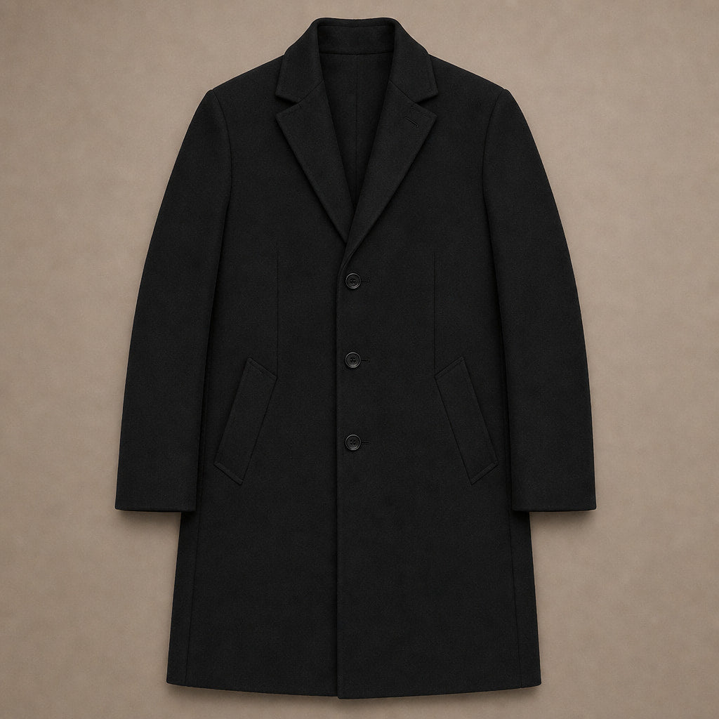 Suit Overcoat Wool-Blend Single-Breasted Black – Flat Lay Product Photo