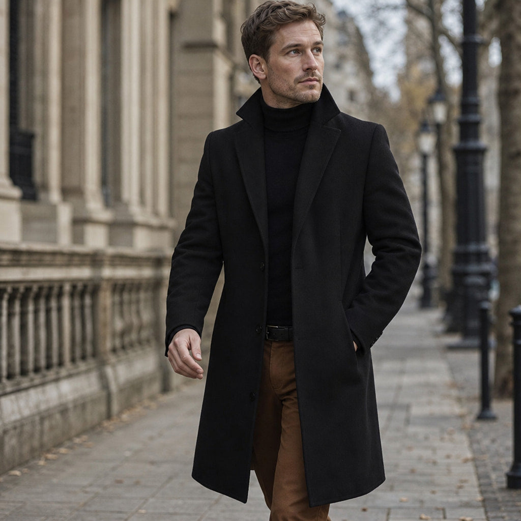 Suit Overcoat Wool-Blend Single-Breasted Black – Styled Editorial Shot