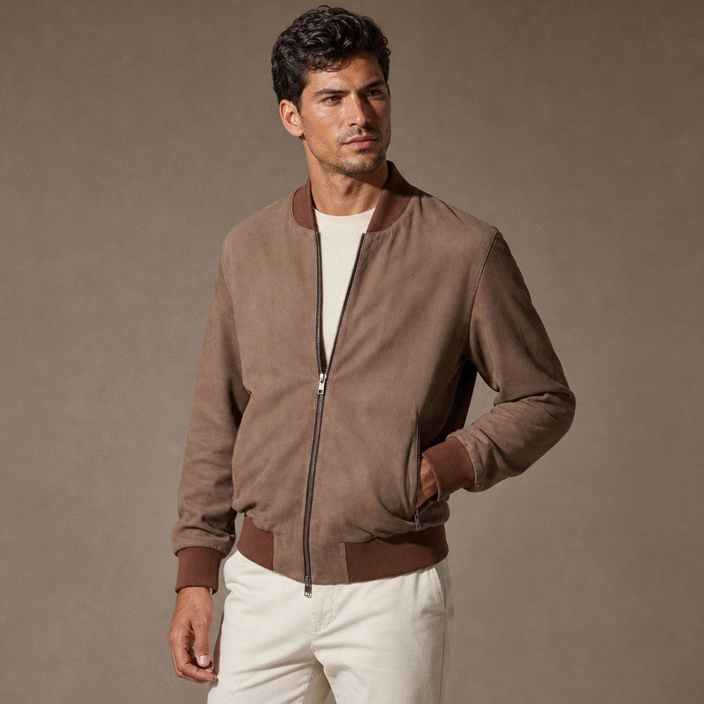 Beckworth | Bomber Jacket Nubuck Ribbed Trim Beige – Product Photo