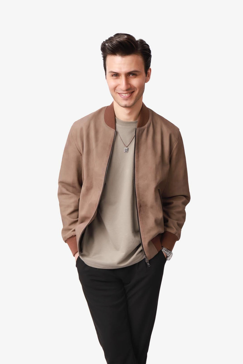Beckworth | Bomber Jacket Nubuck Ribbed Trim Beige – Product Photo