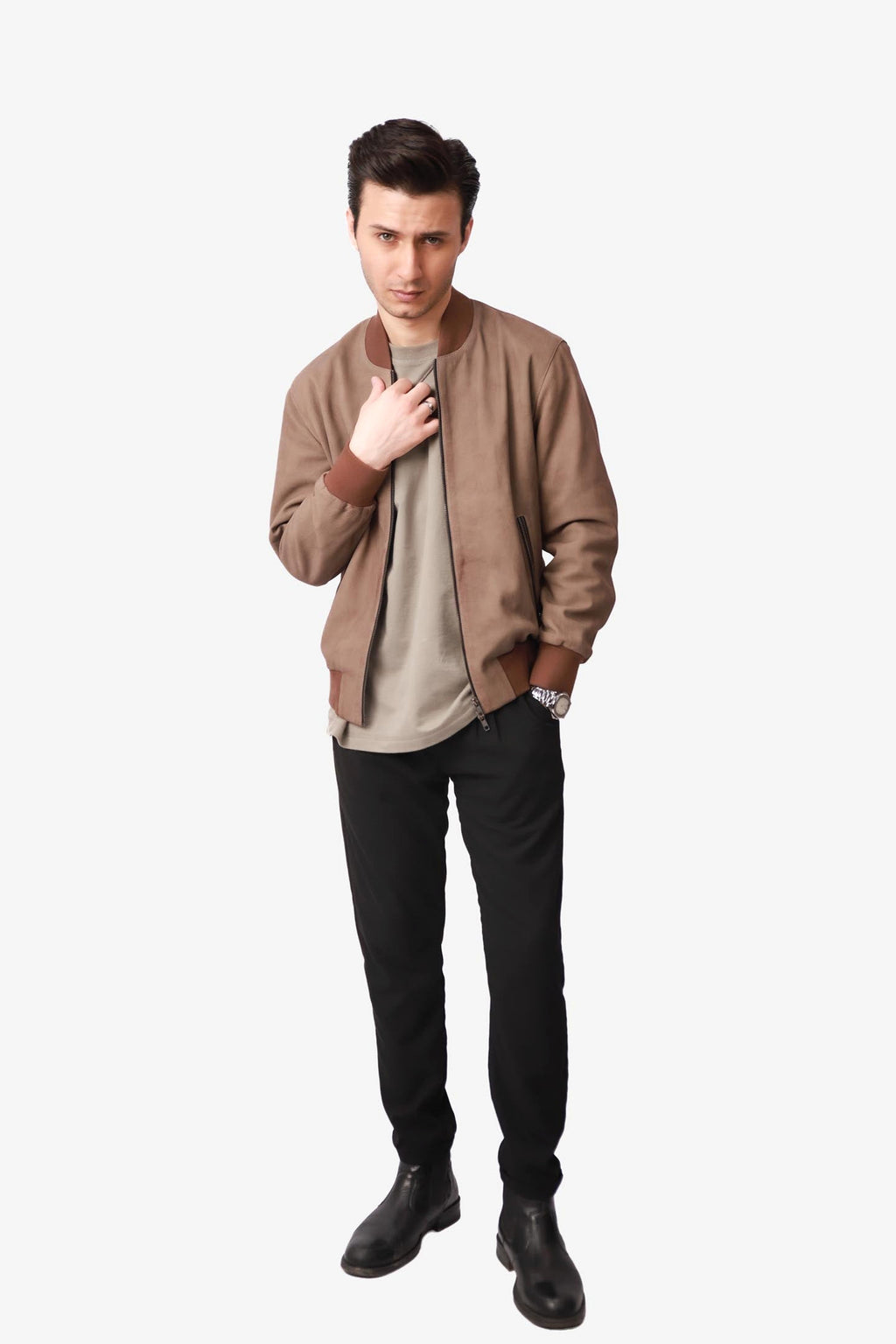 Beckworth | Bomber Jacket Nubuck Ribbed Trim Beige – Product Photo
