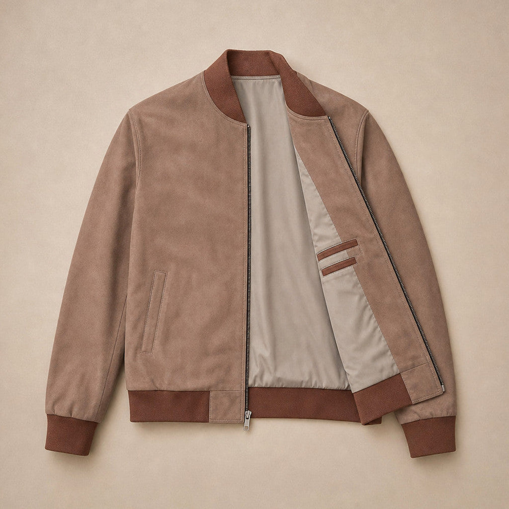 Beckworth | Bomber Jacket Nubuck Ribbed Trim Beige – Flat Lay Product Photo
