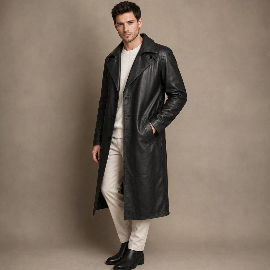 Belcourt | Leather Duster Coat Sheepskin Black Black – Side Angle View