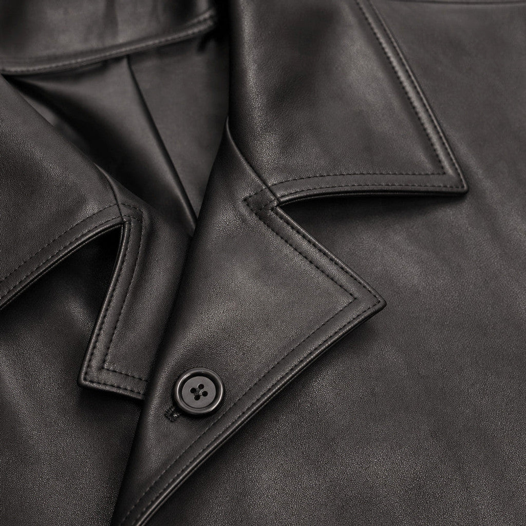 Belcourt | Leather Duster Coat Sheepskin Black Black – Fabric and Detail Close-Up