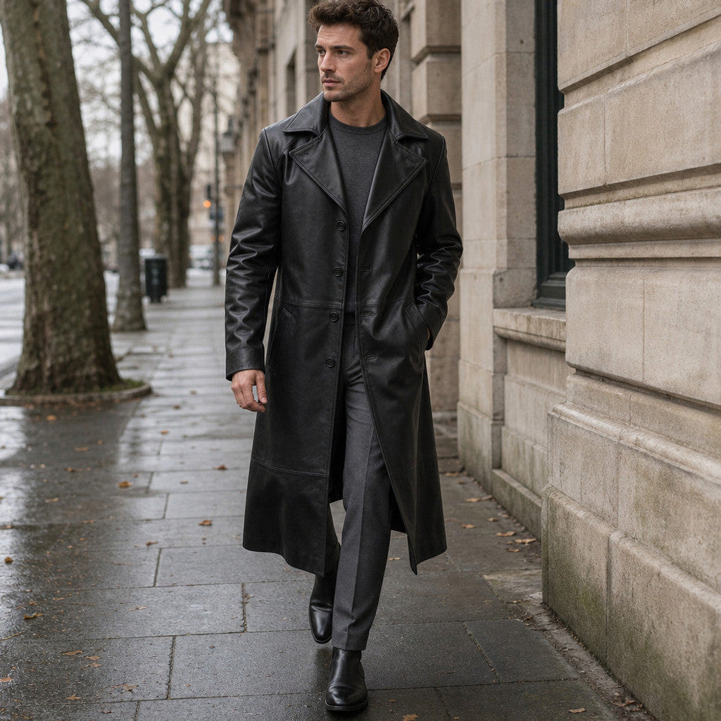 Belcourt | Leather Duster Coat Sheepskin Black Black – Styled Editorial Shot