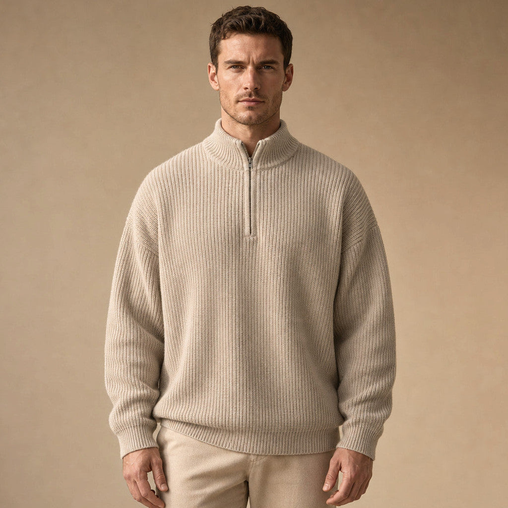 Belgravia | Quarter Zip Jumper Ribbed Knit in Beige – Premium Editorial