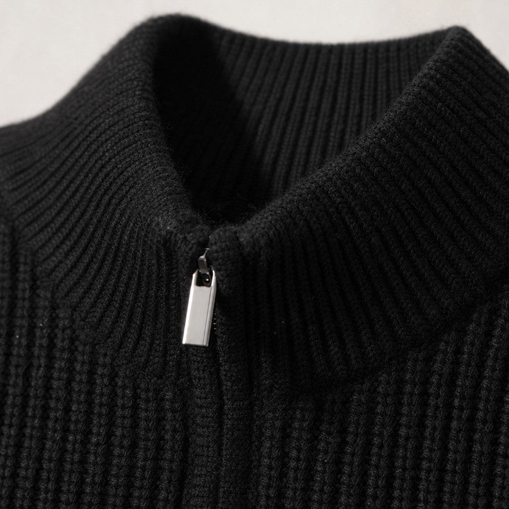Belgravia | Quarter Zip Jumper Ribbed Knit Black – Fabric and Detail Close-Up