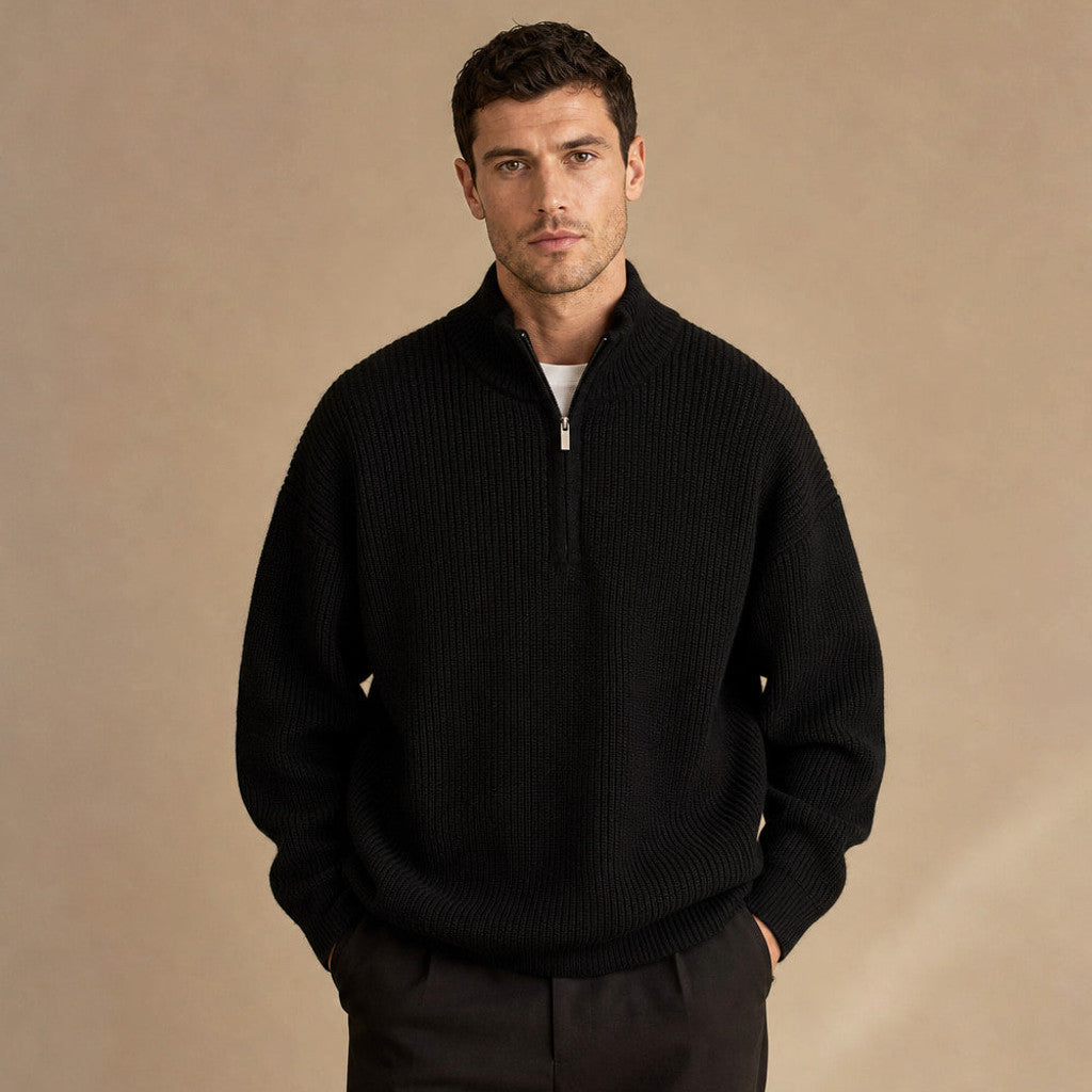 Belgravia | Quarter Zip Jumper Ribbed Knit Black – Product Photo