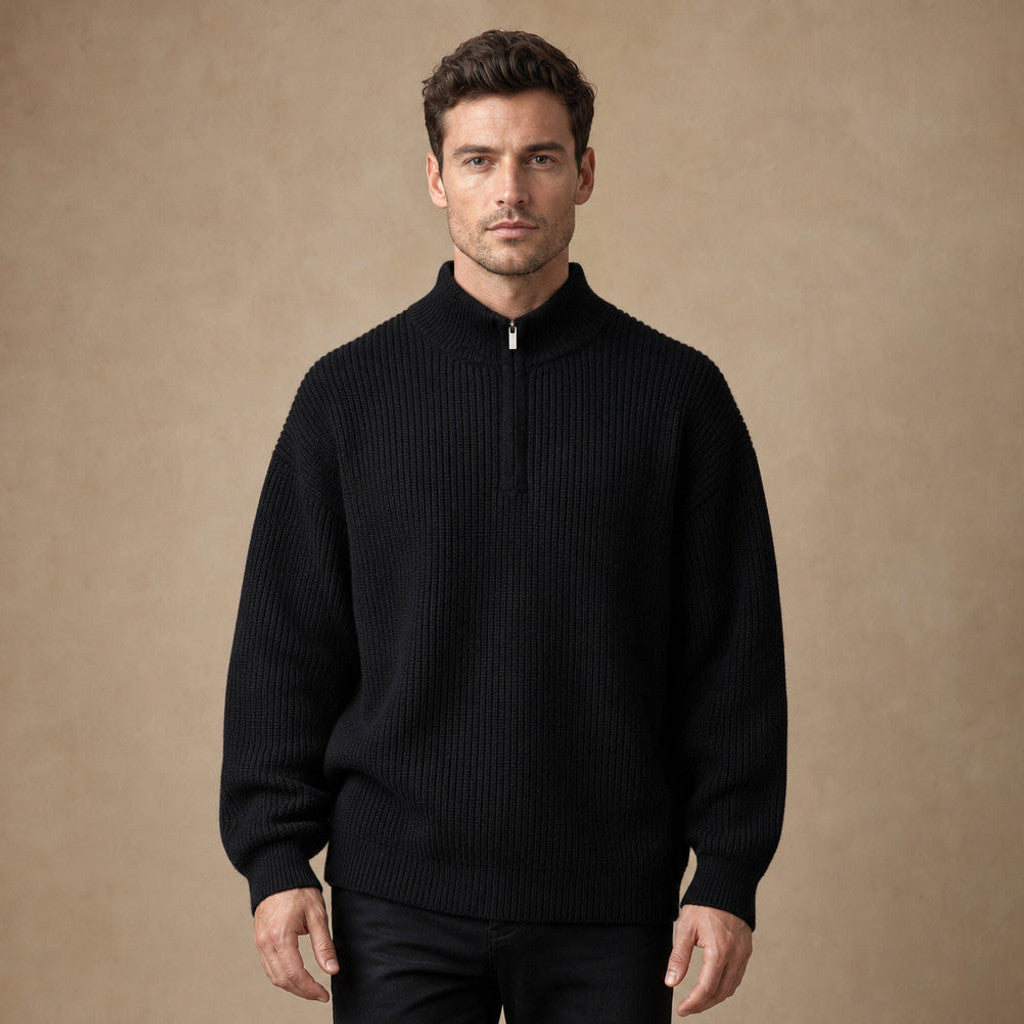 Belgravia | Quarter Zip Jumper Ribbed Knit in Black – Premium Editorial