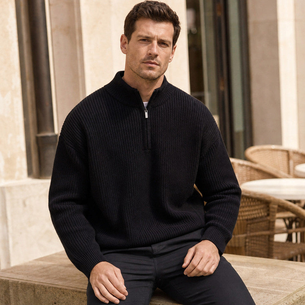 Belgravia | Quarter Zip Jumper Ribbed Knit Black – Styled Editorial Shot