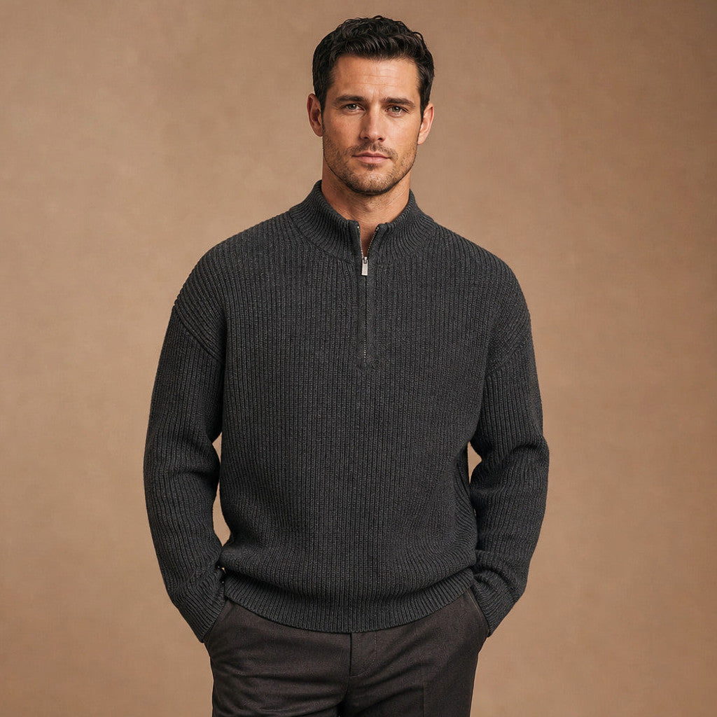 Belgravia | Quarter Zip Jumper Ribbed Knit Dark Gray – Product Photo