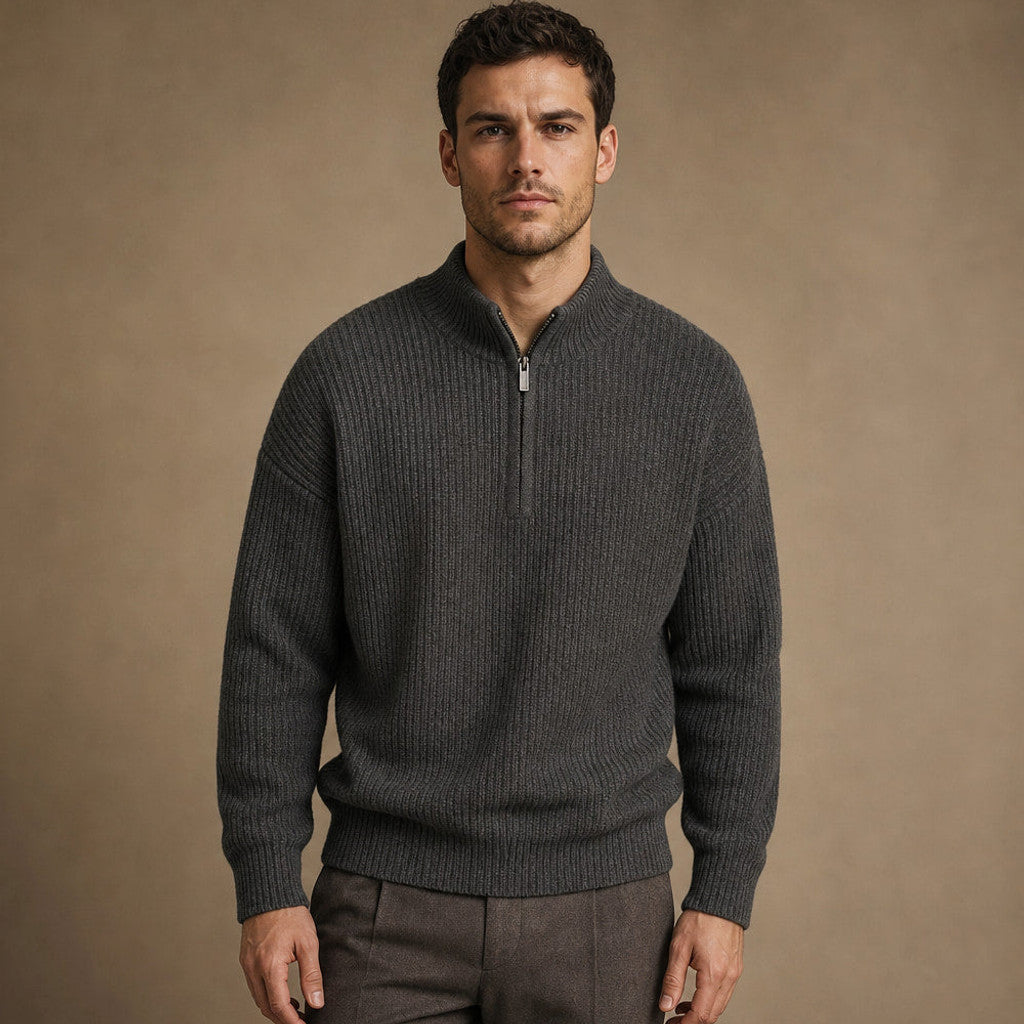 Belgravia | Quarter Zip Jumper Ribbed Knit in Dark Gray – Premium Editorial