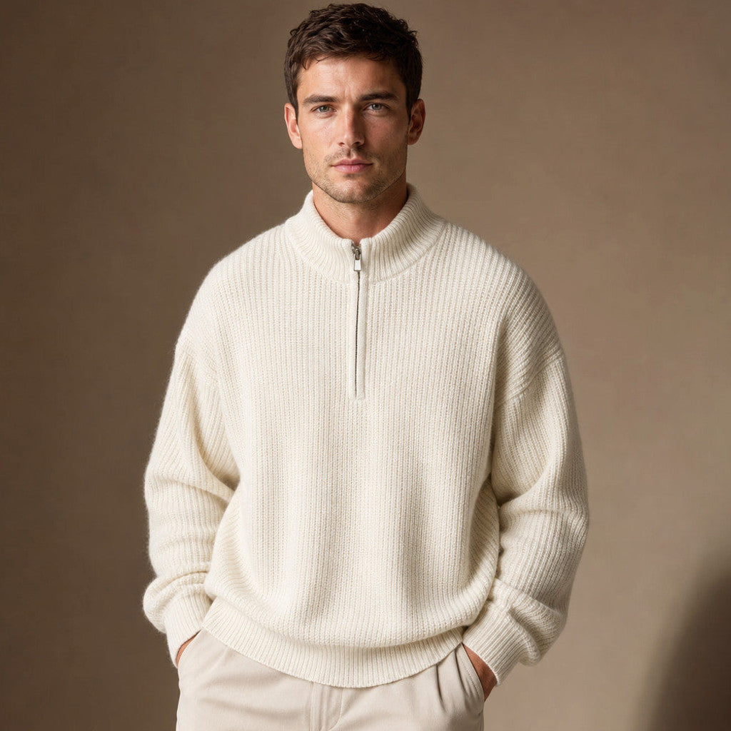 Belgravia | Quarter Zip Jumper Ribbed Knit Off White – Product Photo