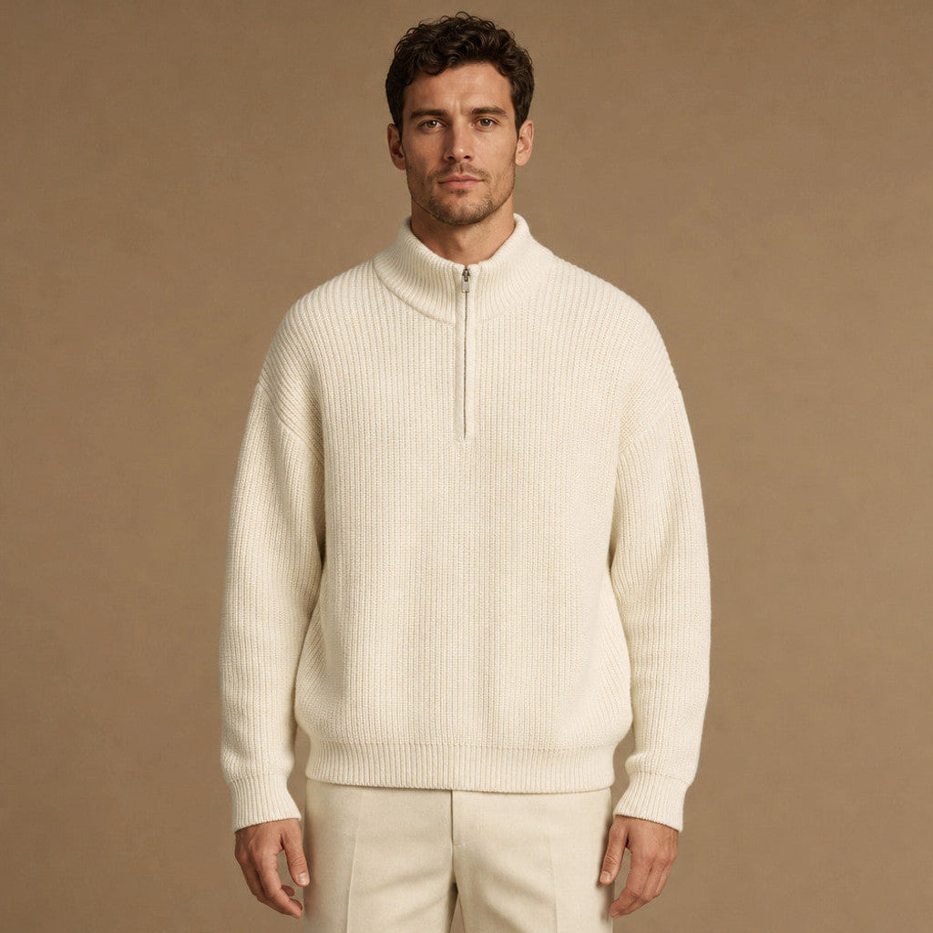 Belgravia | Quarter Zip Jumper Ribbed Knit in Off White – Premium Editorial
