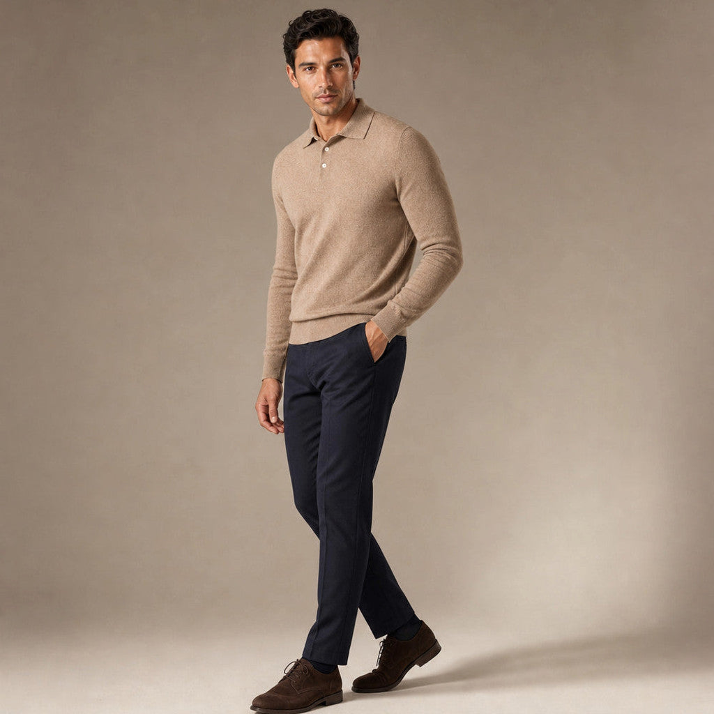 Belkon | Knit Polo Shirt Button Placket Khaki – Side Angle View