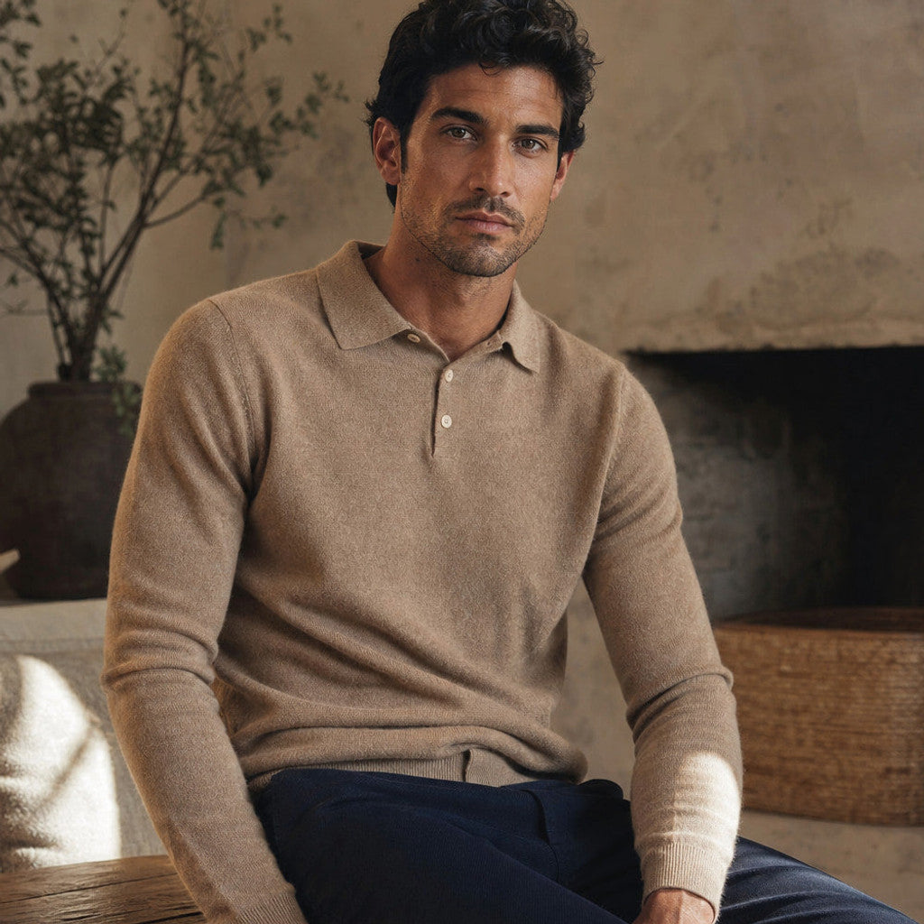 Belkon | Knit Polo Shirt Button Placket Khaki – Styled Editorial Shot